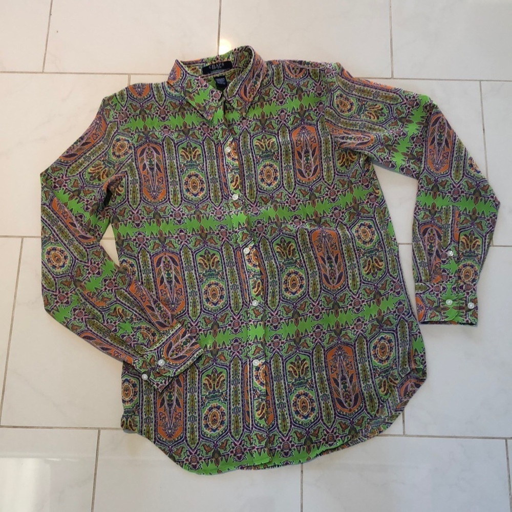 Chaps colorful, patterned lightweight button up blouse. Long sleeve. EUC!
